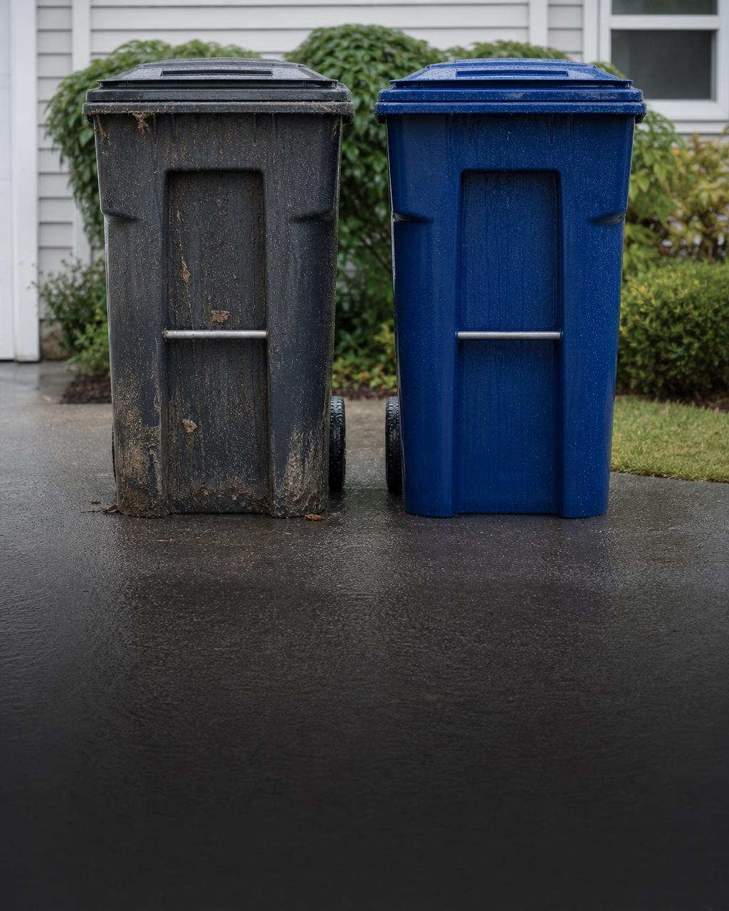 A grime-covered trash bin beside a freshly washed blue bin on a residential driveway